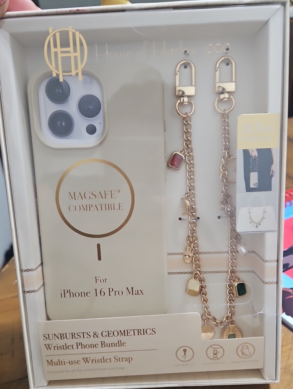 House of Harlow 1960 Cream MagSafe Wristlet Phone Case with Gold Chain Charms